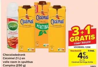 Carrefour Chocoladedrank Cécémel (1 L) en volle room in spuitbus Campina (250 g) aanbieding