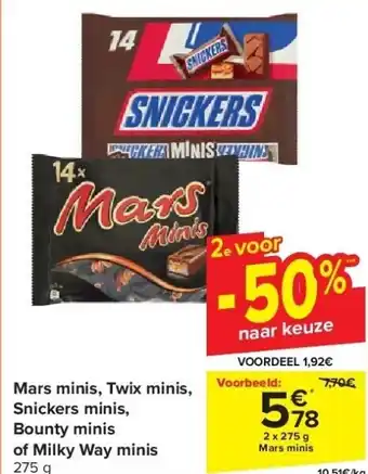 Carrefour Mars minis, Twix minis, Snickers minis, Bounty minis of Milky Way minis aanbieding