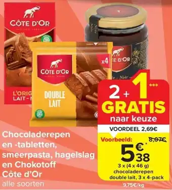 Carrefour Chocoladerepen en -tabletten, smeerpasta, hagelslag en Chokoto Côte d’Or aanbieding