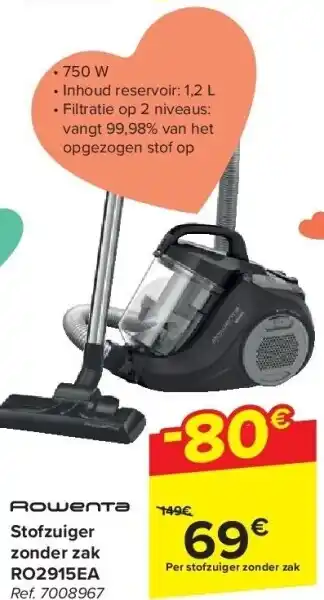 Carrefour Stofzuiger zonder zak RO2915EA aanbieding