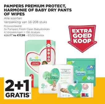 Jumbo Pampers premium protect, harmonie of baby dry pants of wipes aanbieding