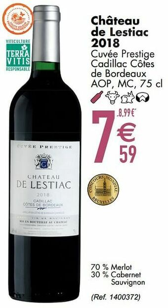 Cora Château de lestiac 2018 cuvée prestige cadillac côtes de bordeaux aop mc aanbieding
