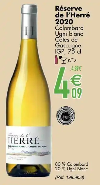 Cora Réserve de l’herré 2020 colombard ugni blanc côtes de gascogne igp aanbieding