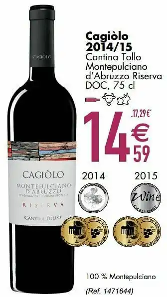 Cora Cagiòlo 2014-15 cantina tollo montepulciano d’abruzzo riserva doc aanbieding