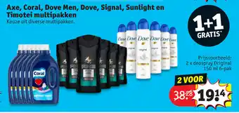 Kruidvat Axe,Coral, Dove Men, Dove, Signal, Sunlight en Timotei Multipakken 2 voor aanbieding
