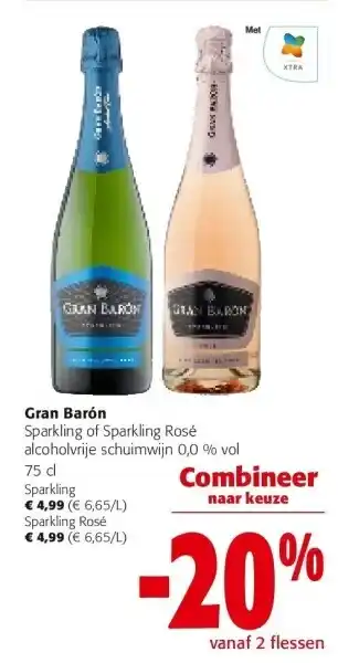 Colruyt Gran Barón Sparkling of Sparkling Rosé alcoholvrije schuimwijn 0,0 % vol 75 cl aanbieding