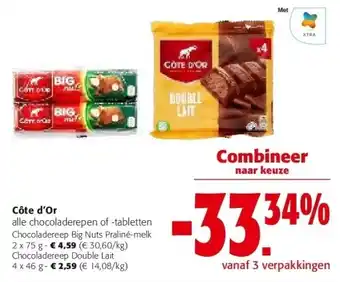 Colruyt Côte d'Or alle chocoladerepen of -tabletten Chocoladereep Big Nuts Praliné-melk 2 x 75 g aanbieding