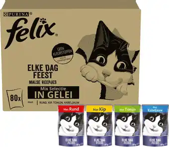 Bol.com Felix Elke Dag Feest in Gelei Mix Selectie - Kattenvoer Natvoer - Tonijn, Kabeljauw, Rund, Kip - 80 x 85 g aanbieding