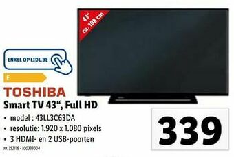 Lidl Toshiba smart tv 43``, full hd aanbieding