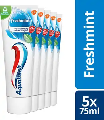 Bol.com Aquafresh Freshmint 3in1 tandpasta voor een frisse adem voordeelverpakking 5 x 75ml, recyclebare plastic tube en dop aanbieding