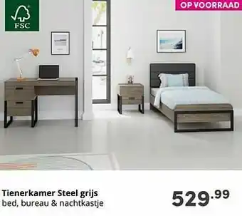 Baby & Tiener Tienerkamer steel grijs bed, bureau + nachtkastje aanbieding