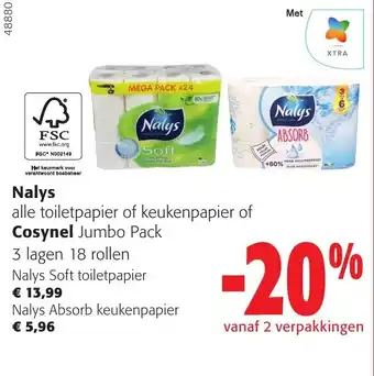 Colruyt Nalys alle toiletpapier of keukenpapier of Cosynel Jumbo Pack 3 lagen 18 rollen aanbieding