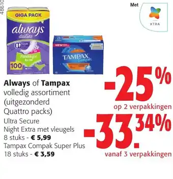 Colruyt Always of Tampax volledig assortiment aanbieding