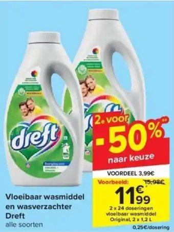 Carrefour Vloeibaar wasmiddel en wasverzachter Dreft aanbieding
