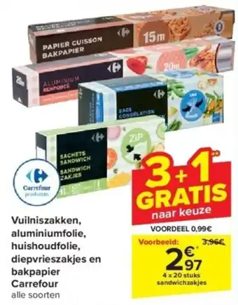 Carrefour Vuilniszakken, aluminiumfolie, huishoudfolie, diepvrieszakjes en bakpapier Carrefour aanbieding