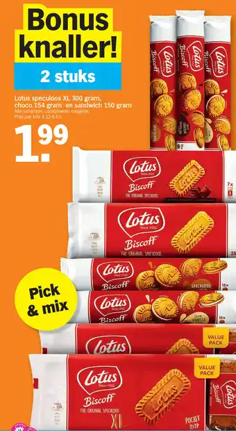 Albert Heijn Lotus speculoos XL 300g, choco 154g en sandwich 150g aanbieding