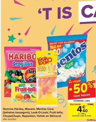 Gamma Haribo, Maoam, Mentos Core (behalve kauwgom), Look-O-Look, Fruit-tella, ChupaChups, Napoléon, Yolloh en Stimorol