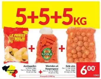 Intermarché Aardappelen le panier malin + wortelen uit haspengouw + gele uien aanbieding