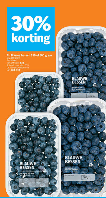 Albert Heijn AH Blauwe bessen 150 of 300 gram aanbieding