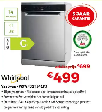 Exellent Whirlpool Vaatwas WXWF03T141PX aanbieding
