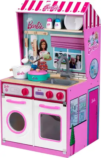 Bol.com Klein Toys Barbie kinderkeuken en poppenhuis in 1 - 45x40x85 cm - hout (MDF) - incl. oven, fornuis, wasmachine, gootsteen en aanbieding