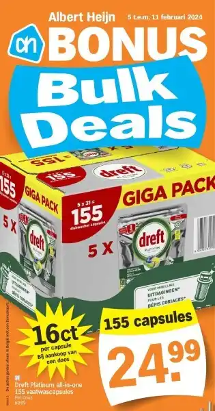 Albert Heijn Dreft Platinum all-in-one 155 vaatwascapsules aanbieding