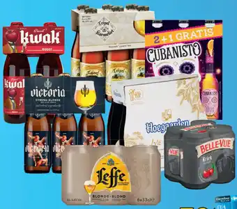 Carrefour Market Bier leffe blikjes, hoegaarden witbier kwak, victoria, tripel karmeliet, belle-vue en cubanisto aanbieding