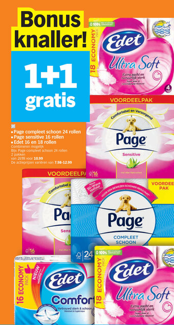 Albert Heijn Page compleet schoon 24 rollen, Page sensitive 16 rollen, Edet 16 en 18 rollen aanbieding