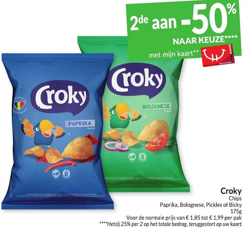 Croky Chips Paprika, Bolognese, Pickles of Bicky 175g promotie bij