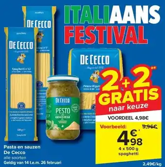 Carrefour Pasta en sauzen De Cecco aanbieding