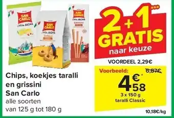 Carrefour Chips, koekjes taralli en grissini San Carlo aanbieding