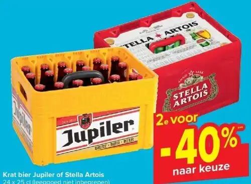Krat bier Jupiler of Stella Artois promotie bij Carrefour