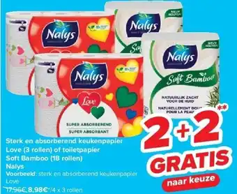 Carrefour Sterk en absorberend keukenpapier Love (3 rollen) of toiletpapier Soft Bamboo (18 rollen) Nalys aanbieding