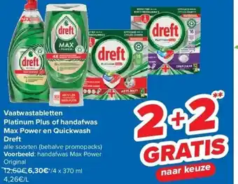 Carrefour Vaatwastabletten Platinum Plus of handafwas Max Power en Quickwash Dreft aanbieding