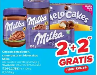 Carrefour Chocoladetabletten, smeerpasta en Melocakes Milka aanbieding