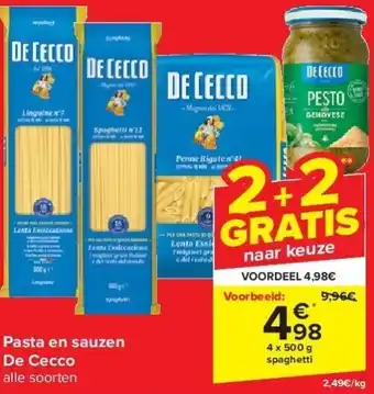 Carrefour Pasta en sauzen De Cecco aanbieding