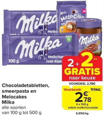 Carrefour Chocoladetabletten, smeerpasta en Melocakes Milka aanbieding