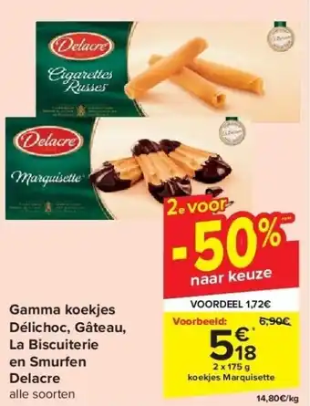 Carrefour Gamma koekjes Délichoc, Gâteau, La Biscuiterie en Smurfen Delacre aanbieding