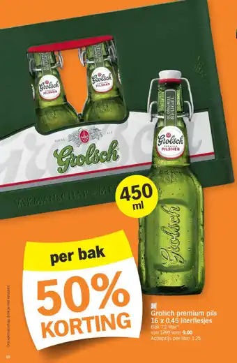 Albert Heijn Grolsch premium pils 16 x 0.45 literflesjes aanbieding