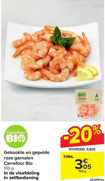 Carrefour Market Gekookte en gepelde roze garnalen Carrefour Bio 100g aanbieding