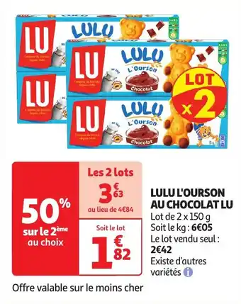 Auchan LULU L'OURSON AU CHOCOLAT LU 2 x 150 g aanbieding