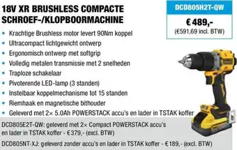 DeWALT 18V XR BRUSHLESS COMPACTE SCHROEF-/KLOPBOORMACHINE aanbieding