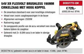 DeWALT 54V XR FLEXVOLT BRUSHLESS 190MM CIRKELZAAG MET HOOG KOPPEL aanbieding