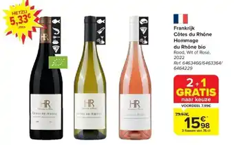 Carrefour Frankrijk Côtes du Rhône Hommage du Rhône bio aanbieding