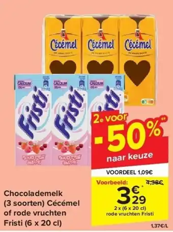 Carrefour Chocolademelk (3 soorten) Cécémel of rode vruchten Fristi (6 x 20 cl) aanbieding
