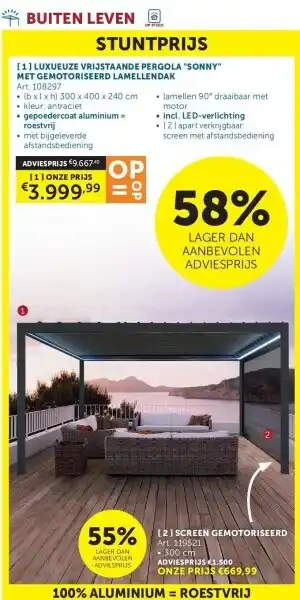 Zelfbouwmarkt LUXUEUZE VRIJSTAANDE PERGOLA SONNY MET GEMOTORISEERD LAMELLENDAK aanbieding