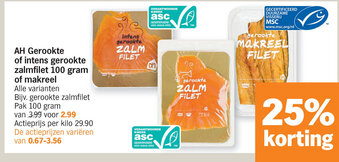 Albert Heijn AH Gerookte of intens gerookte zalmfilet 100 gram aanbieding