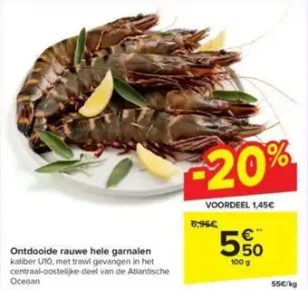Carrefour Ontdooide rauwe hele garnalen 100g aanbieding