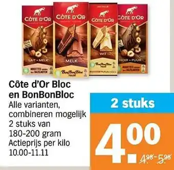 Albert Heijn Côte d`or bloc en bonbonbloc 200gram aanbieding