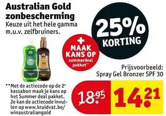 Kruidvat Australian gold zonbescherming spray gel bronzer spf 30 aanbieding